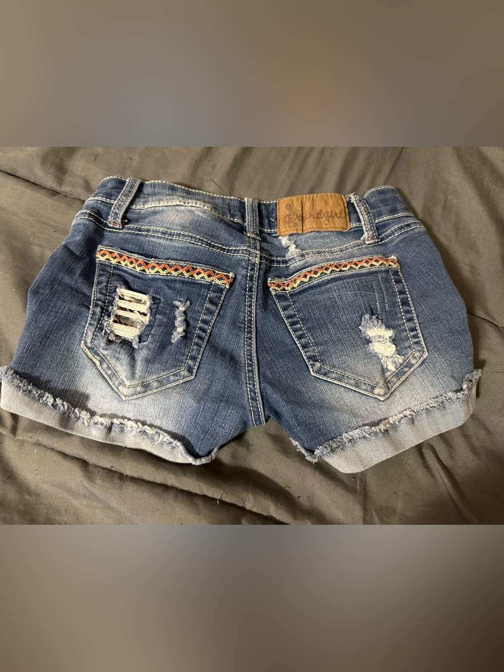 Soundgirl Distressed Blue Denim Shorts with Embroidered Pocket - Picture 5 of 5